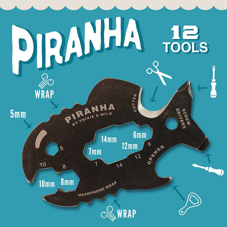 "Piranha" 12-in-1 Multifunction Tool Portable and pocket sized everyday carry for DIY projects, camping, backpacking, glamping or hiking!